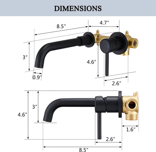 Miniatura 6 de Grifo de baño de montaje en pared, negro mate, grifo de fregadero de baño montado en la pared de una sola manija, boquilla larga giratoria de latón