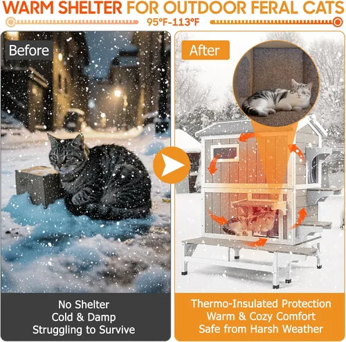 Miniatura 5 de PetsCosset Casa Aislada para Gatos de Exterior Resistente a la Intemperie con Balcón, Aislamiento Integral, Refugio de Madera para Gatos Ferales
