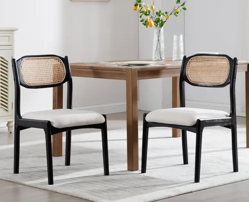 EALSON Juego de 2 sillas de comedor de ratán estilo granja, modernas de mediados de siglo, sillas auxiliares de cocina tapizadas de lino con