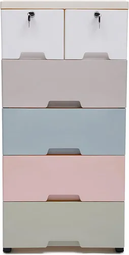 Miniatura 12 de Cómoda vertical alta de 5 niveles, torre de almacenamiento con ruedas, gabinete de almacenamiento moderno y estrecho de plástico, organizador