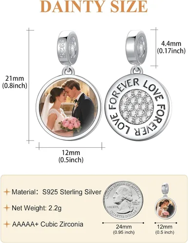 Miniatura 33 de Custom4U Photo Charms for Bracelets 925 Sterling Silver/Gold Plated Heart/Tree of Life/Round Charm Bead Personalized with Picture Custom