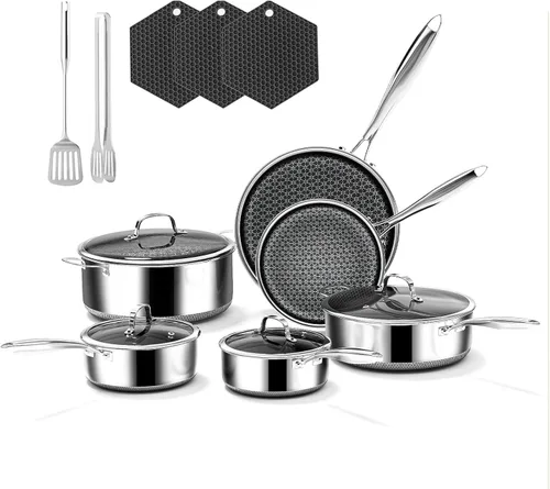 Juego de utensilios de cocina de acero inoxidable de 5 capas de 15 piezas con tapas, ollas y sartenes antiadherentes, juego de utensilios de cocina