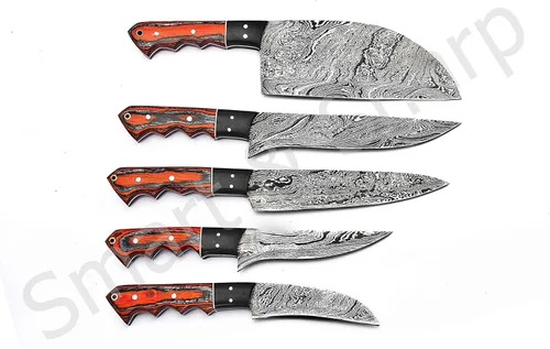 Miniatura 3 de Juego de cuchillos de chef de Damasco hechos a mano personalizados/cuchillos de cocina Juego de 5 piezas SS-17211 (madera de color naranja y negro)