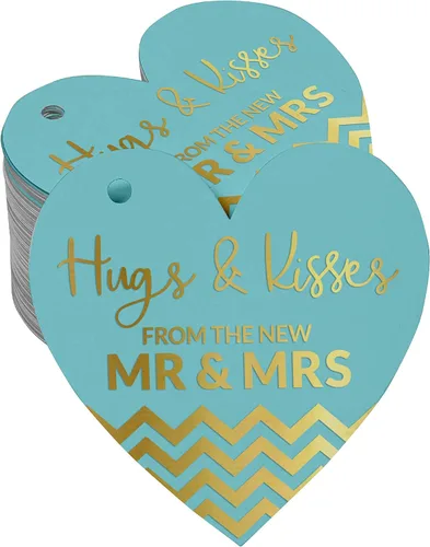 Paquete de 50 etiquetas colgantes de papel con texto en inglés «Hugs & Kisses from The Wedding Favor»