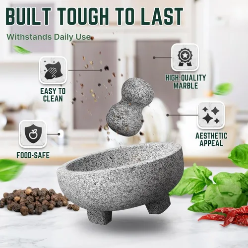 Miniatura 3 de Flexzion Juego de mortero y mortero de granito pequeño – Molinillo de piedra de granito sólido para cuenco de 7.9 pulgadas para guacamole, hierbas