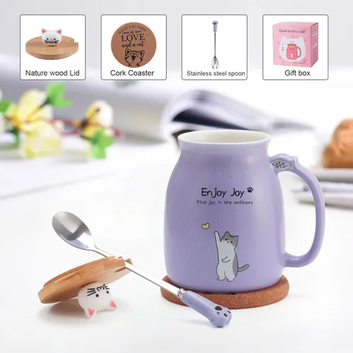 Miniatura 4 de Taza Linda de Gato de Cerámica para Café con Tapa de Madera de Gato Kawaii, Encantadora Cuchara de Acero Inoxidable, Posavasos de Madera Engrosada
