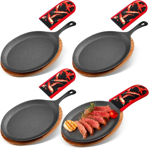 Miniatura 9 de Lallisa 1 Set Platos para Fajita de Hierro Fundido con Bandeja de Madera, Protección Anti Quemadura y Guante Térmico, Set de Sartén de Hierro