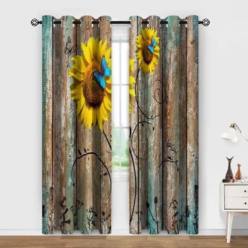 Miniatura 2 de Aimego - Cortinas opacas rústicas con flores de girasol, cortinas para oscurecer la habitación, estilo granja, paneles de madera, mariposas azules