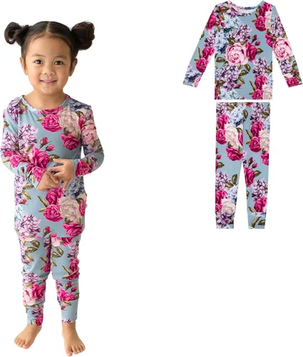 Miniatura 96 de Posh Peanut Pijamas para niñas, suaves, de viscosa de bambú para niños, pijamas a juego de manga larga para niñas