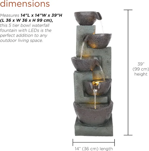 Miniatura 4 de Alpine Corporation TZL390 Elegante fuente de cascada de cuencos de 5 niveles para exteriores con luces LED para jardín, patio, jardín trasero