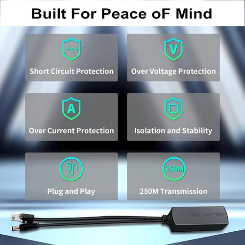 Miniatura 5 de Paquete de 4 divisores PoE de 12 V 1.2 A, PoE activo a 0.083 in de CC – Cumple con IEEE 802.3af/at, hasta 328 pies de potencia a través de Ethernet