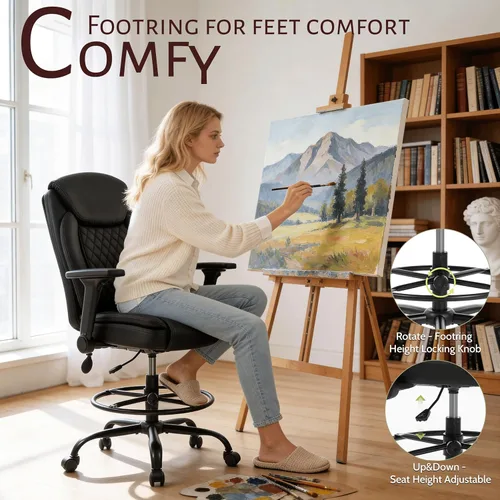 Miniatura 7 de Silla de dibujo, silla alta ejecutiva de oficina con reposabrazos abatibles para escritorio de altura de mostrador, silla de trabajo alta con anillo