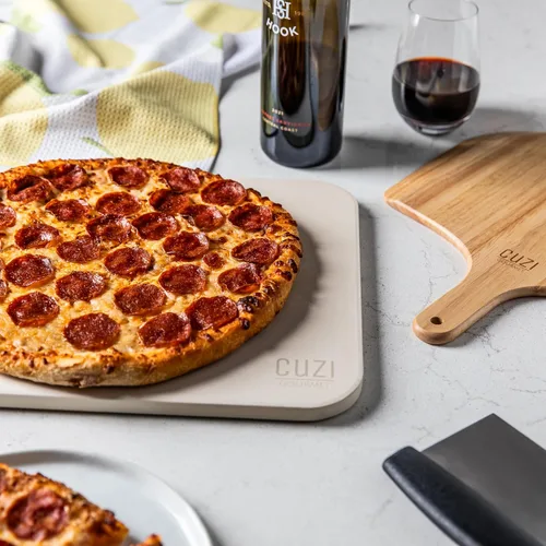 Miniatura 3 de Juego de piedra para pizza de 3 piezas - Piedra para pizza de cordierita resistente a golpes térmicos de 15x12", pala para pizza de madera natural