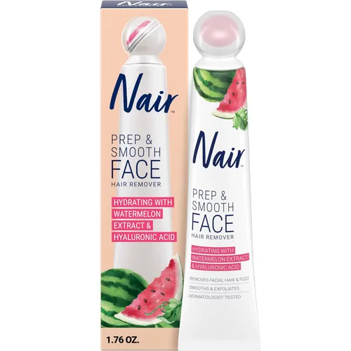 NAIR Prep & Smooth Crema depilatoria exfoliante facial para mujeres, eliminación eficaz del vello para piel suave con ácido hialurónico, 1.76 onzas