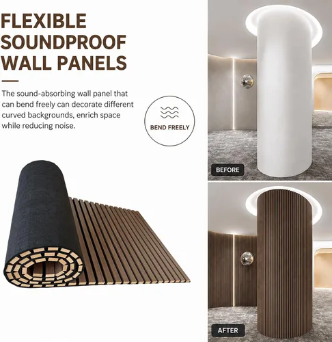 Miniatura 6 de Paneles acústicos de madera para pared, panel de listones de sonido acanalado flexible 3D (marrón) Accent - Panel de pared absorbente insonorizado