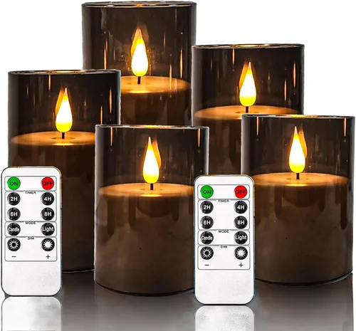 NICEME Velas parpadeantes sin llama gris, velas LED acrílicas que funcionan con pilas, con control remoto y temporizador, velas sin llama para
