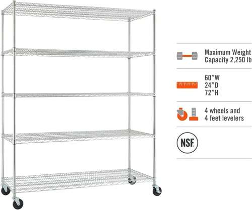 Miniatura 4 de Trinity Basics TBFC-0931 - Estantería de alambre ajustable de 5 niveles con ruedas para organización de cocina, almacenamiento de garaje, cuarto