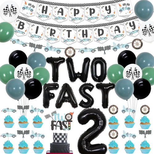 Decoraciones vintage de cumpleaños para niños, suministros de fiesta de cumpleaños de coche de carreras con guirnalda de cartel de feliz cumpleaños,