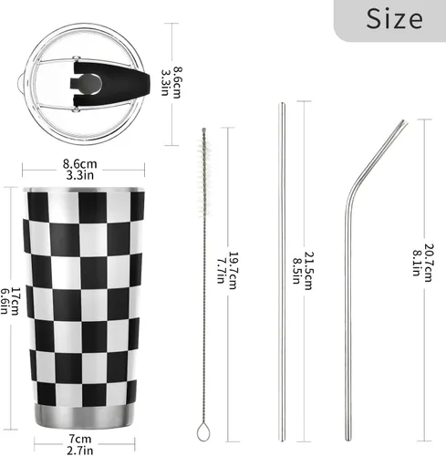 Miniatura 3 de CaTaKu Vaso de carreras con bandera a cuadros de 20 onzas con tapa y pajita, acero inoxidable a cuadros en blanco y negro, aislado al vacío, taza