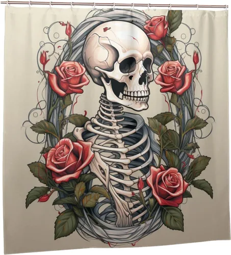 Miniatura 7 de YLATY3445 - Cortina de ducha de calavera para baño, divertido juego de cortina de ducha hippie con flores rojas y esqueleto, pintura al óleo, tela