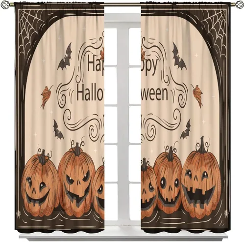 Miniatura 2 de Cortinas de bosque de Halloween, castillo negro, calabaza, murciélago, búho, gato, decoración de ventana de cocina, dormitorio, sala de estar