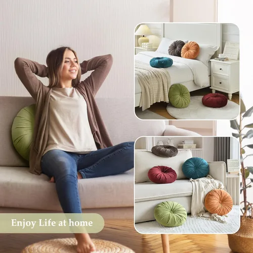 Miniatura 6 de Almohadas plisadas redondas de terciopelo para decoración del hogar, sofá, silla, cama y automóvil, color café oscuro, 13.8 pulgadas