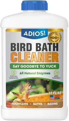 ADIOS! Limpiador de baño para pájaros para fuentes y cuencos al aire libre, limpia de forma segura metal, vidrio y piedra (32 onzas)