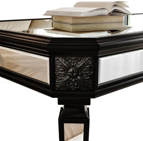 Miniatura 5 de Polibi Mesa de centro con espejo plateado, mesa central rectangular tallada vintage de vidrio con acabado de espejo para sala de estar y oficina