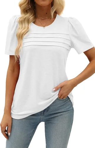 Miniatura 65 de JomeDesign - Camisetas casuales de verano para mujer, manga corta, cuello redondo, manga abullonada