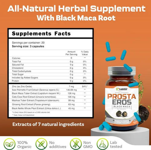 Miniatura 3 de ProstaEros- Suplemento de apoyo para la próstata - 7 ingredientes naturales- Maca negra, palma enana americana, mashua, garra de gato, jengibre