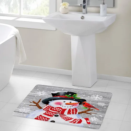 Miniatura 4 de LB Tapete de baño de muñeco de nieve de Navidad para baño, copos de nieve blancos de vacaciones de invierno sobre tablas de madera gris rústicas