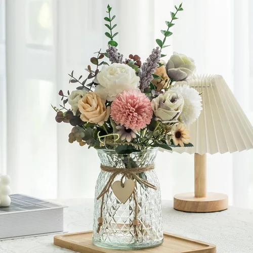Flores artificiales con jarrón, flores de peonía de seda sintética para decoración del hogar, flores artificiales con jarrón para decoración de mesa