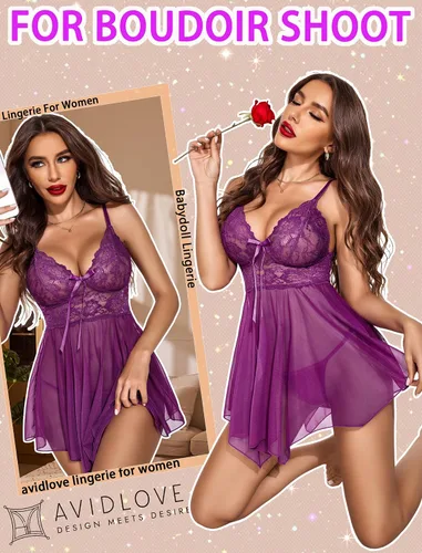 Miniatura 4 de Avidlove Lencería para mujer, babydoll de encaje, camisón de malla, camisón de noche, lencería seductora