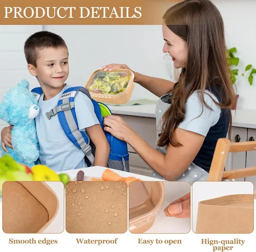 Miniatura 4 de Paquete de 50 recipientes desechables para preparación de comidas, cuencos de papel grandes desechables de 19 onzas con tapas y tenedores