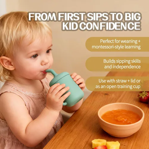Miniatura 5 de Paquete de 2 tazas para beber 100% silicona para bebé, taza pequeña de entrenamiento de silicona con asas y popote para bebés y niños pequeños verde