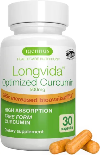 Longvida - Curcumina optimizada de 500 mg, ultra biodisponible y acción sostenida, vegana, 30 cápsulas