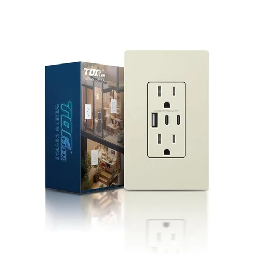 Miniatura 19 de TOPELER - Toma de corriente para montaje en pared con puertos USB 6.0A, dos tomas eléctricas de 20 amperios, tomas y puertos resistentes a la Negro
