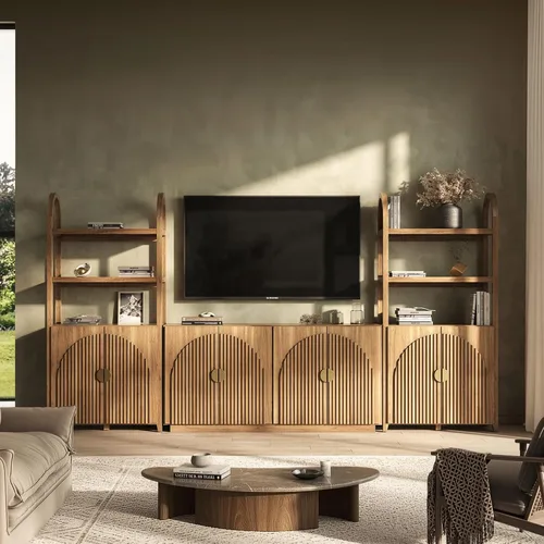 Miniatura 14 de BELLEZE Juego de soporte modular de TV de 4 piezas, centro de entretenimiento moderno con asas anchas de madera, aparadores con estantes ajustables