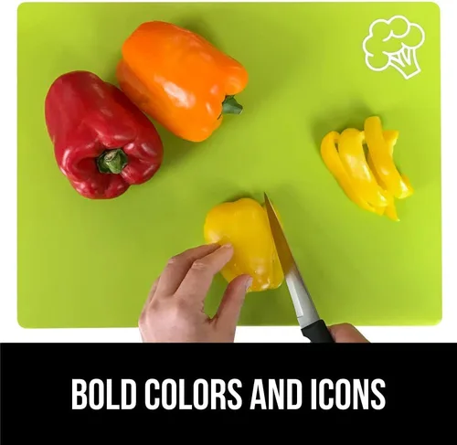 Miniatura 9 de GORILLA GRIP Juego de 5 tablas de cortar flexibles 100% sin BPA, alfombrillas de plástico duraderas con iconos de alimentos para preparar comidas