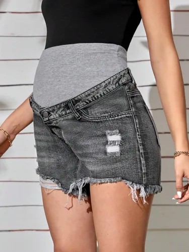 Miniatura 4 de Verdusa Pantalones cortos de mezclilla de maternidad para mujer, cintura alta, rasgados, dobladillo sin procesar, pantalones cortos de embarazo