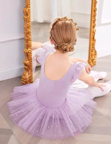 Miniatura 3 de Flypigs Leotardos de ballet para niñas, vestidos de tutú de bailarina con falda brillante, manga con volantes, vestido de baile de ballet