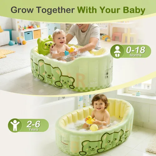 Miniatura 8 de Bañera inflable para bebé, bañera reclinable para recién nacidos a niños pequeños con cojín de respaldo suave y bomba de aire, bañera plegable