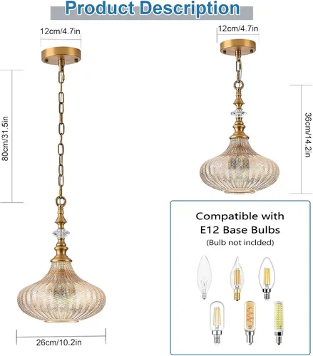 Miniatura 3 de Lámpara colgante de 3 luces, candelabro vintage dorado de granja para cocina, lámpara de techo colgante ajustable de vidrio ámbar para pasillo