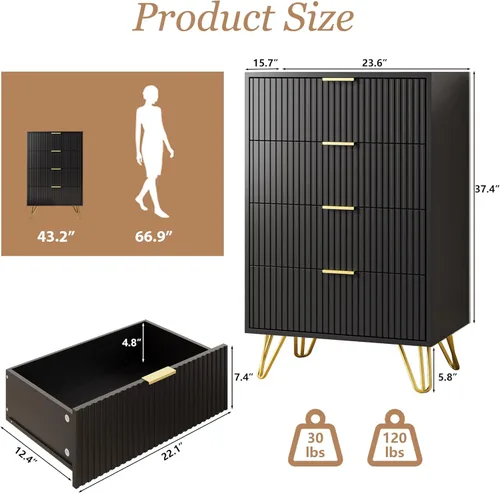Miniatura 2 de MAISONARIA Cómoda negra para dormitorio, cómoda de 4 cajones con asas de metal dorado y cómodas, cómodas para pasillo, dormitorio