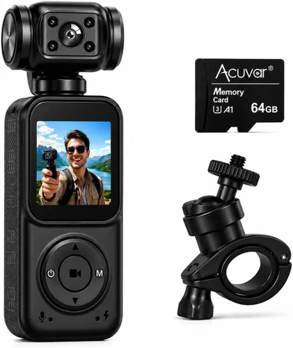 Acuvar Mini cámara de bolsillo 4K con pantalla LCD, cámara de video portátil con WiFi, seguimiento facial, rotación de 270°, tarjeta SD de 64 GB