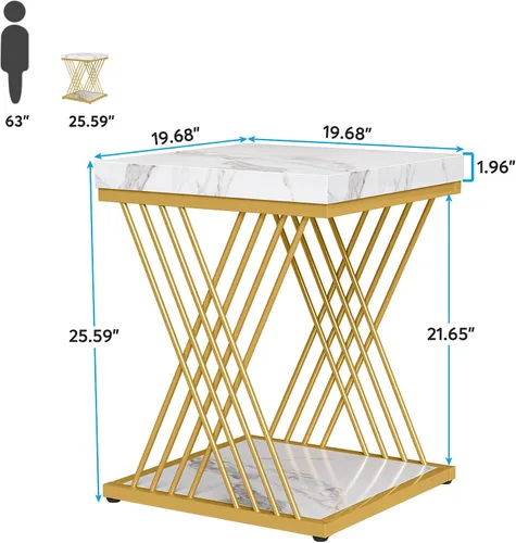 Miniatura 3 de Tribesigns Mesa auxiliar cuadrada de oro blanco de 2 niveles, mesas de noche pequeñas modernas con almacenamiento para sofá, mesas auxiliares