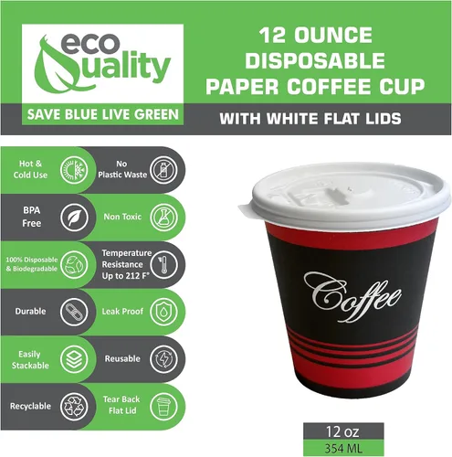 Miniatura 2 de Tazas de café de papel de grado restaurante de 12 onzas con tapas blancas, 120 unidades por EcoQuality vasos desechables para bebidas frías