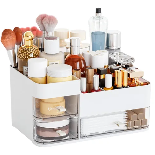 Miniatura 10 de Organizadores de maquillaje rosa para tocador con 3 cajones, organizadores grandes para el cuidado de la piel para encimera, escritorio, aparador