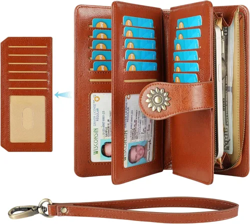 Miniatura 2 de Lavemi Carteras de cuero genuino de gran capacidad con bloqueo RFID para mujer, tarjetero con correa para la muñeca
