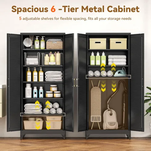 Miniatura 4 de Polup Armario de almacenamiento de metal de 75 pulgadas con puertas y estantes, gabinete de despensa de cocina negro, armario de almacenamiento alto